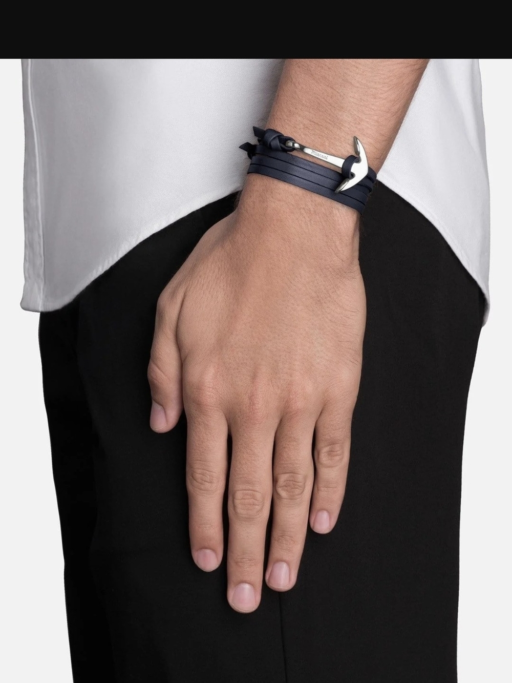 Miansai black leather wrap bracelet featuring a silver-toned anchor charm